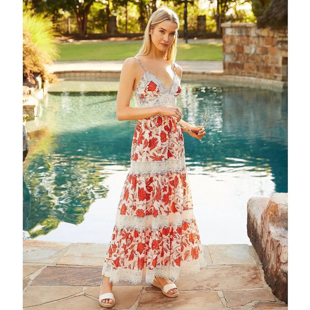 NWT Antonio Melani Red Orange and Ivory Floral Maxi Dress with Lace Size 2